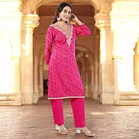 Beautiful Bandhani Suit, Pink Embellished Kurta Set with Dupatta