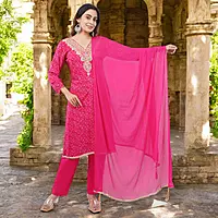 Beautiful Bandhani Suit, Pink Embellished Kurta Set with Dupatta