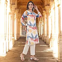 Tie Dye Organza Salwar Suit, Multicolor, Long Sleeve Kurta with Pants and Dupatta Set