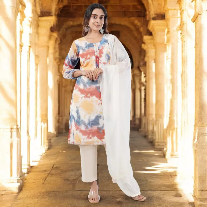 Tie Dye Organza Salwar Suit, Multicolor, Long Sleeve Kurta with Pants and Dupatta Set