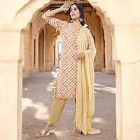 Organza Salwar Suit Set, Beige and Orange Checkered Pattern