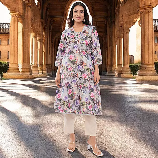 Women Cotton Floral Print Salwar Suit, 3/4 Sleeve Kurta with Pants