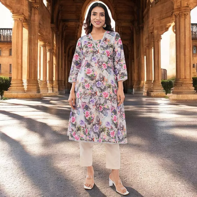Women Cotton Floral Print Salwar Suit, 3/4 Sleeve Kurta with Pants