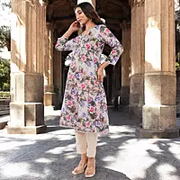 Women Cotton Floral Print Salwar Suit, 3/4 Sleeve Kurta with Pants
