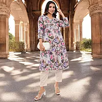 Women Cotton Floral Print Salwar Suit, 3/4 Sleeve Kurta with Pants