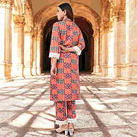 Women Salwar Suit, Multicolor Checkered Print with Lace Trim Detail