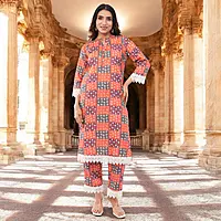 Women Salwar Suit, Multicolor Checkered Print with Lace Trim Detail