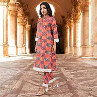 Women Salwar Suit, Multicolor Checkered Print with Lace Trim Detail