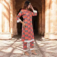 Women Salwar Suit, Multicolor Checkered Print with Lace Trim Detail