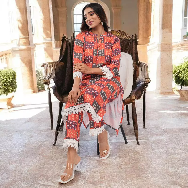 Women Salwar Suit, Multicolor Checkered Print with Lace Trim Detail