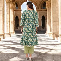 Women Cotton Salwar Suit Set, Teal Green Floral Embroidered Kurta with Dupatta and Pants