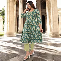 Women Cotton Salwar Suit Set, Teal Green Floral Embroidered Kurta with Dupatta and Pants