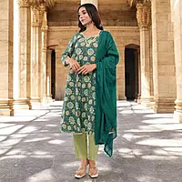 Women Cotton Salwar Suit Set, Teal Green Floral Embroidered Kurta with Dupatta and Pants