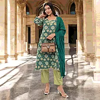 Women Cotton Salwar Suit Set, Teal Green Floral Embroidered Kurta with Dupatta and Pants