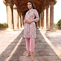 Women Cotton Salwar Suit Set, Floral Print Kurta with Pants and Dupatta