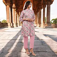 Women Cotton Salwar Suit Set, Floral Print Kurta with Pants and Dupatta