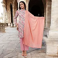 Women Cotton Salwar Suit Set, Floral Print Kurta with Pants and Dupatta