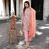 Women Cotton Salwar Suit Set, Floral Print Kurta with Pants and Dupatta