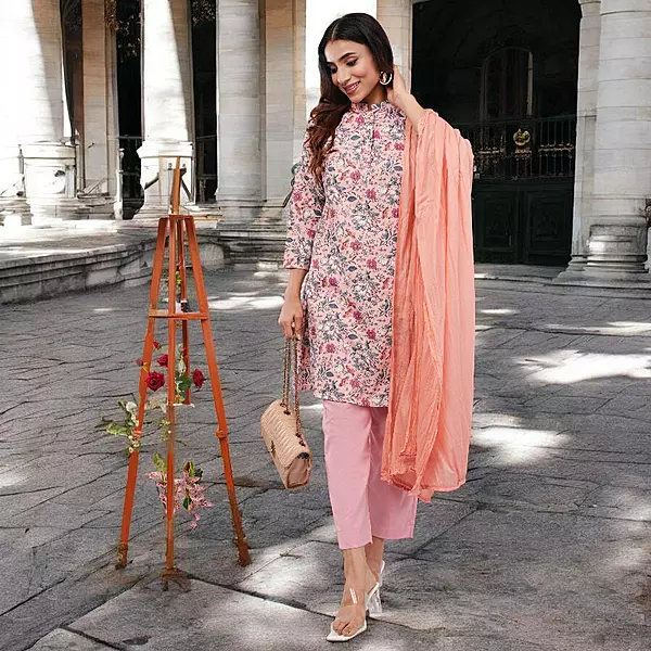 Women Cotton Salwar Suit Set, Floral Print Kurta with Pants and Dupatta