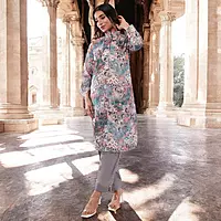 Women Cotton Salwar Suit Set, Floral Print Kurta with Dupatta and Pants