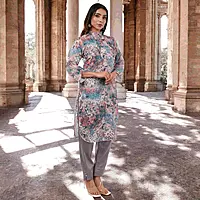 Women Cotton Salwar Suit Set, Floral Print Kurta with Dupatta and Pants