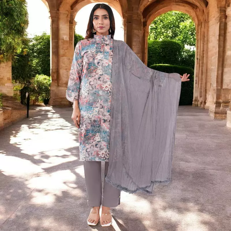 Women Cotton Salwar Suit Set, Floral Print Kurta with Dupatta and Pants