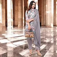 Women Cotton Salwar Suit Set, Floral Print Kurta with Dupatta and Pants