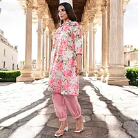 Women Cotton Salwar Suit Set, Pink Floral Print Kurta with Dupatta