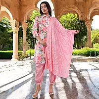 Women Cotton Salwar Suit Set, Pink Floral Print Kurta with Dupatta