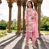 Women Cotton Salwar Suit Set, Pink Floral Print Kurta with Dupatta