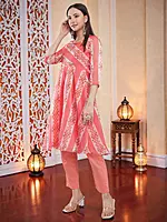 Floral Printed Anarkali Kurta with Palazzo Pants and Dupatta, Peach, Salwar Suit Set