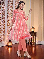 Floral Printed Anarkali Kurta with Palazzo Pants and Dupatta, Peach, Salwar Suit Set