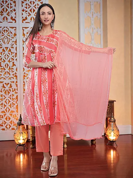 Floral Printed Anarkali Kurta with Palazzo Pants and Dupatta, Peach, Salwar Suit Set