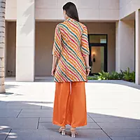 Salwar Suit Set, Multicolour Striped Crepe Kurta with Chinon Palazzo and Dupatta, 3/4 Sleeve