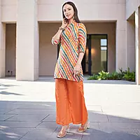 Salwar Suit Set, Multicolour Striped Crepe Kurta with Chinon Palazzo and Dupatta, 3/4 Sleeve