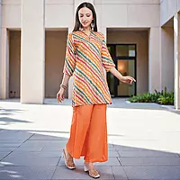 Salwar Suit Set, Multicolour Striped Crepe Kurta with Chinon Palazzo and Dupatta, 3/4 Sleeve