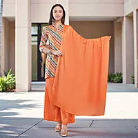 Salwar Suit Set, Multicolour Striped Crepe Kurta with Chinon Palazzo and Dupatta, 3/4 Sleeve