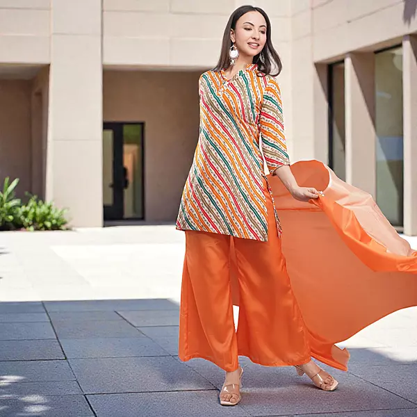 Salwar Suit Set, Multicolour Striped Crepe Kurta with Chinon Palazzo and Dupatta, 3/4 Sleeve