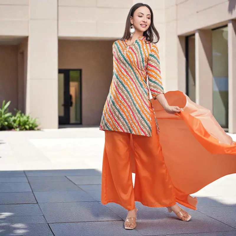 Salwar Suit Set, Multicolour Striped Crepe Kurta with Chinon Palazzo and Dupatta, 3/4 Sleeve