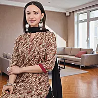 Women's Paisley Print Salwar Suit, Crepe Kurti with Cotton Bottom and Dupatta, Beige and Black
