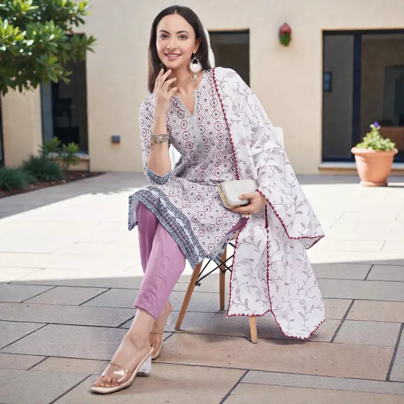 Women's Cotton Chikankari Kurta Salwar Suit Set, White, Floral Print, with Dupatta