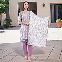 Women's Cotton Chikankari Kurta Salwar Suit Set, White, Floral Print, with Dupatta