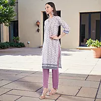 Women's Cotton Chikankari Kurta Salwar Suit Set, White, Floral Print, with Dupatta