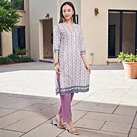Women's Cotton Chikankari Kurta Salwar Suit Set, White, Floral Print, with Dupatta