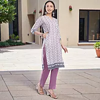 Women's Cotton Chikankari Kurta Salwar Suit Set, White, Floral Print, with Dupatta