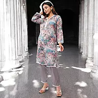 Women Cotton Salwar Suit Set, Multicolor Floral Print with Grey Dupatta