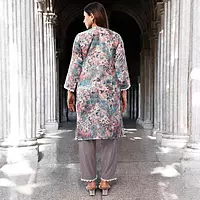 Women Cotton Salwar Suit Set, Multicolor Floral Print with Grey Dupatta