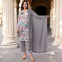 Women Cotton Salwar Suit Set, Multicolor Floral Print with Grey Dupatta