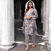Women Cotton Salwar Suit Set, Multicolor Floral Print with Grey Dupatta