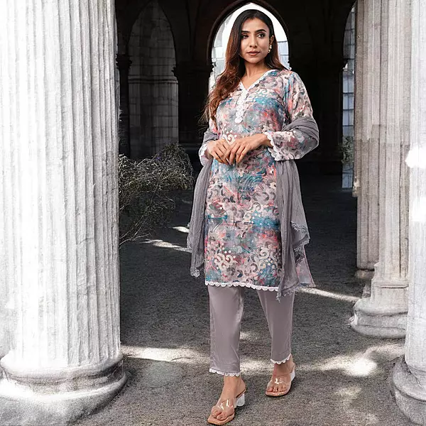 Women Cotton Salwar Suit Set, Multicolor Floral Print with Grey Dupatta